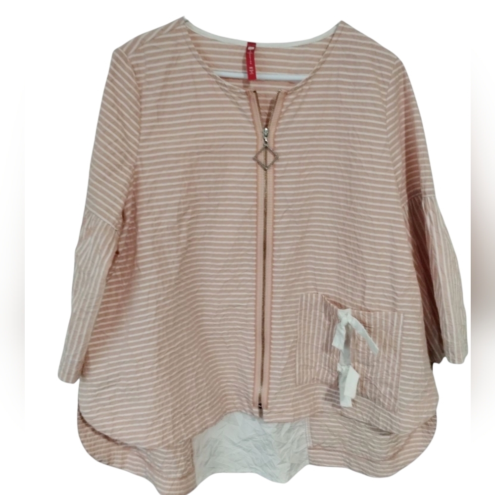 IC Collection Women's Beach Zip-up‎ Striped Crinkle Old Money Preppy Top XXL